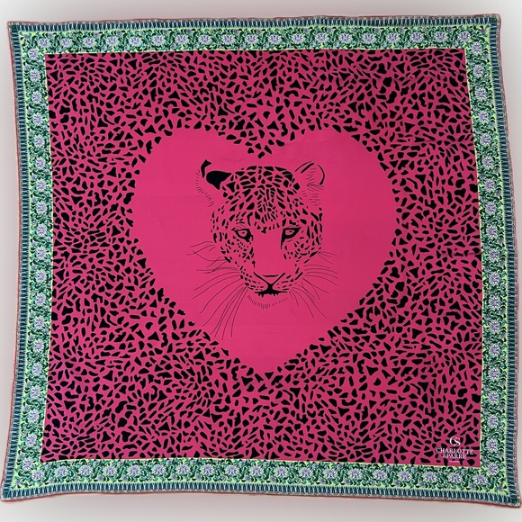 🐆🖤Vintage Silk Snow Leopard in Heart Scarf by Charlotte Sparre | 34” Square - Picture 4 of 17